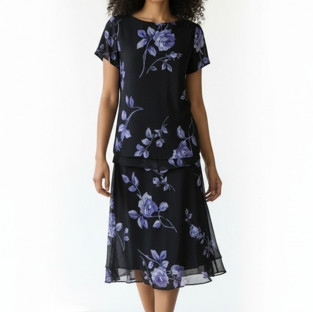 Jessica Howard Chiffon Midi Skirt Suit Size 10 Black Purple Floral Vintage 90s